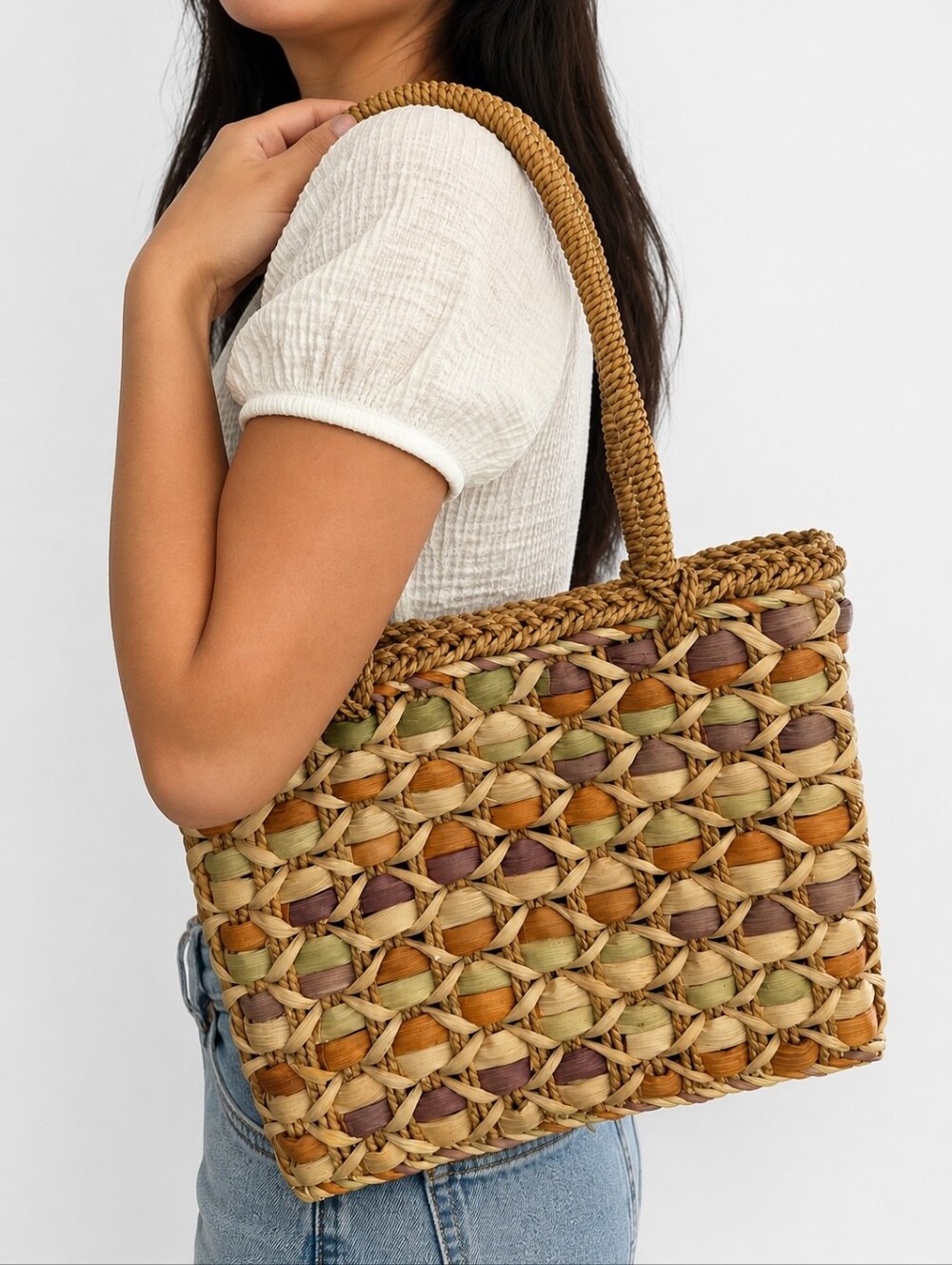 Bijoux Terner Seagrass Woven Shoulder Tote Handbag Multicolor Boho